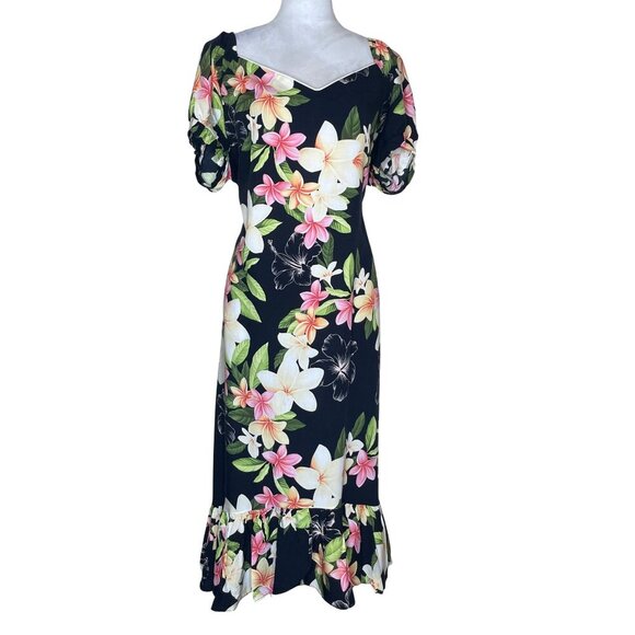 knee length dresses for ladies Pineapple Paradise Midi Hawaiian Dress in Black – Lavahut main image 0